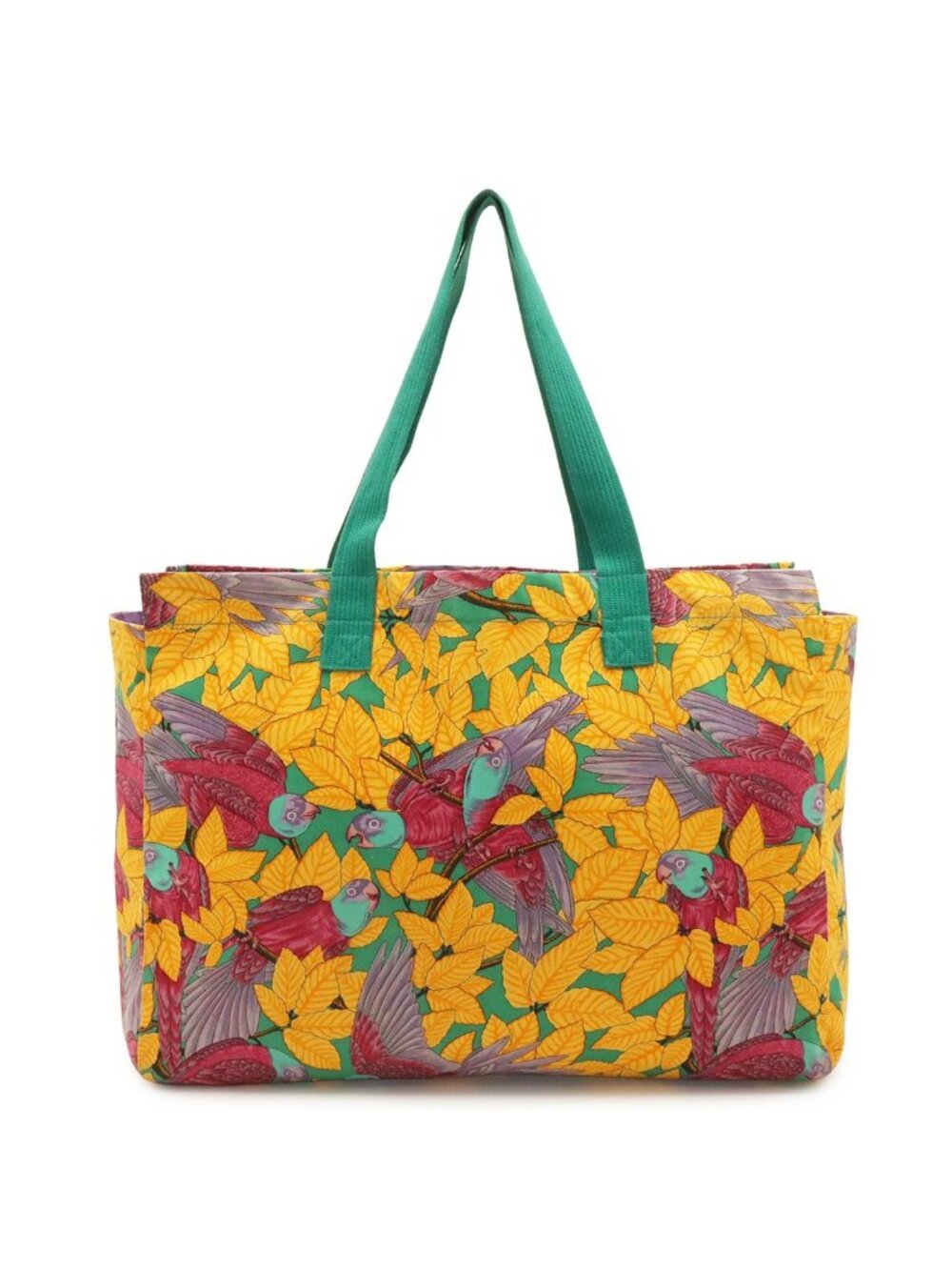 Hermes Tote Large Shoulder Bag Botanical Bird Print Canvas Yellow Green